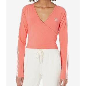 Adidas women Cropped Pink Top Shirt Long Sleeve Deep V neck Faux Wrap NWT L